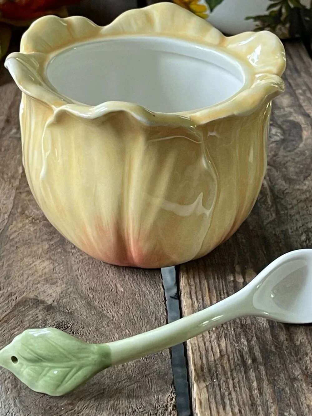 Fitz & Floyd Meadow Floral Bird Condiment Jar Sugar Bowl & Spoon-NEW